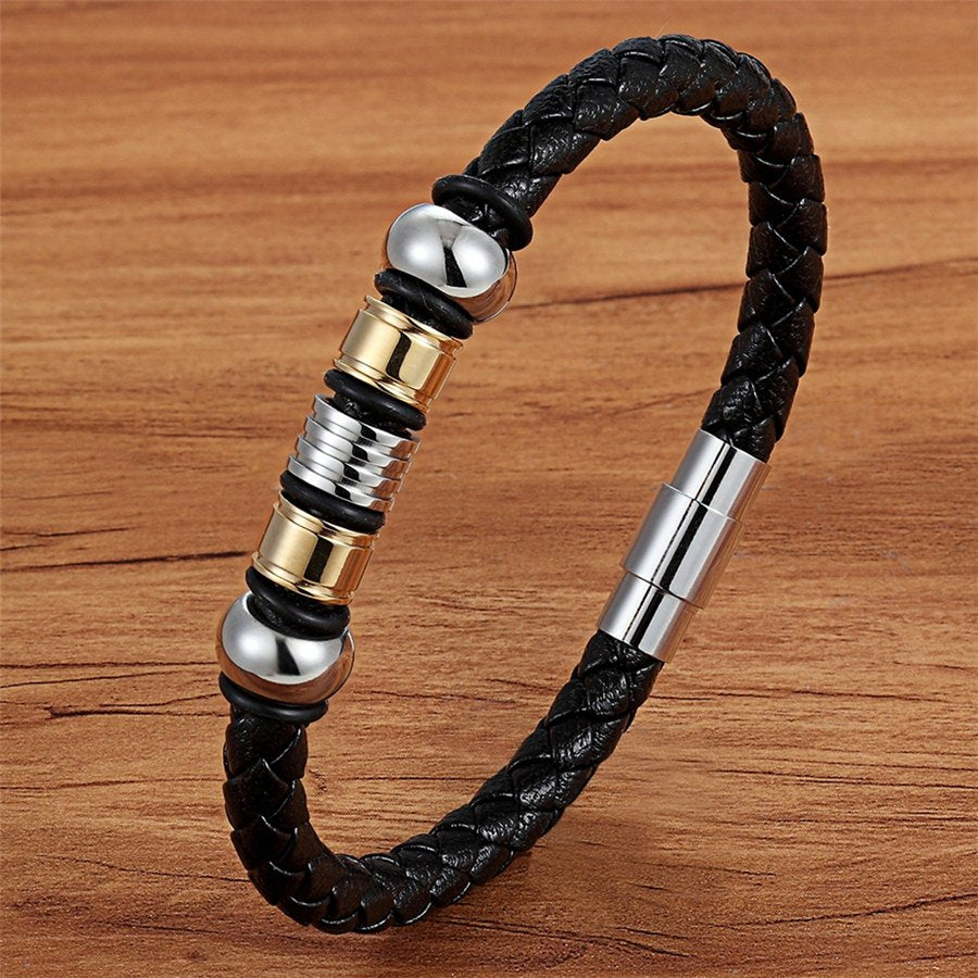 Steel Charm Leather Bracelet