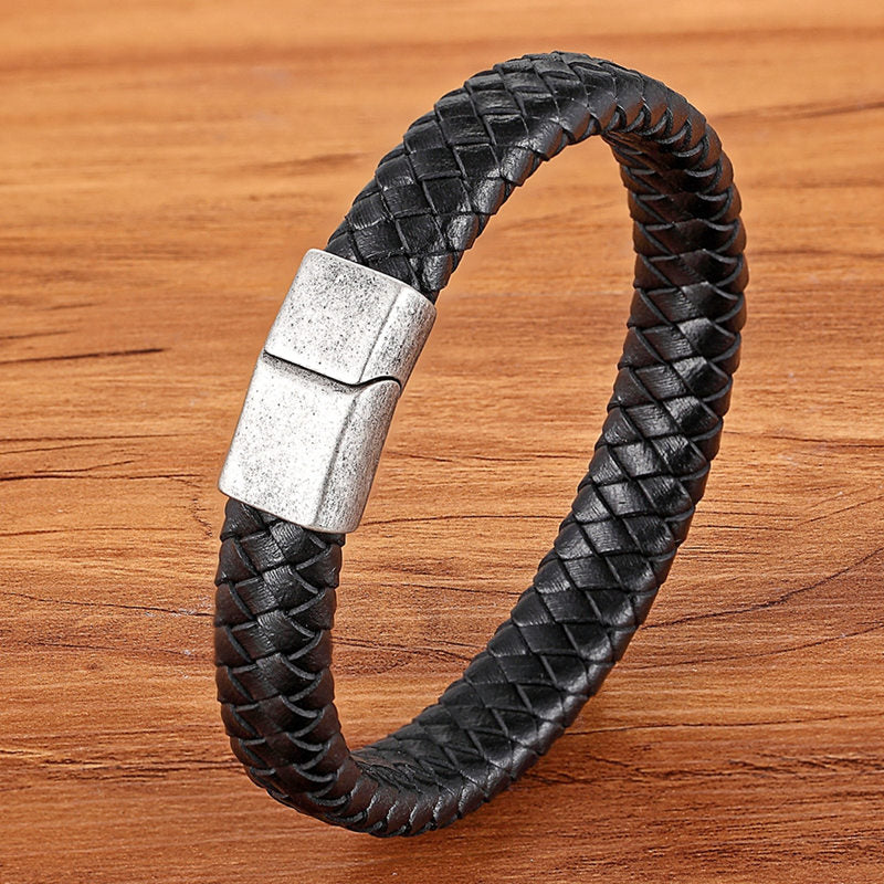 Steel Charm Leather Bracelet