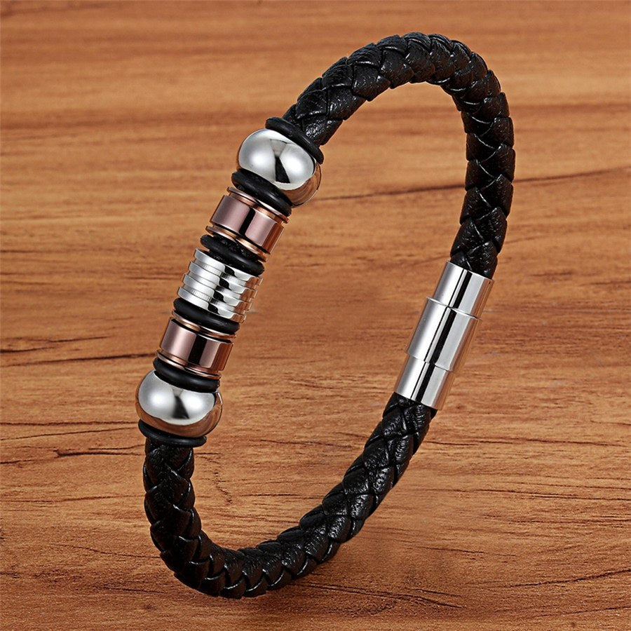 Steel Charm Leather Bracelet