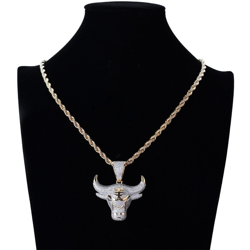 Hip Hop Zircon Ice Out Animal Bull Head Pendant Necklace