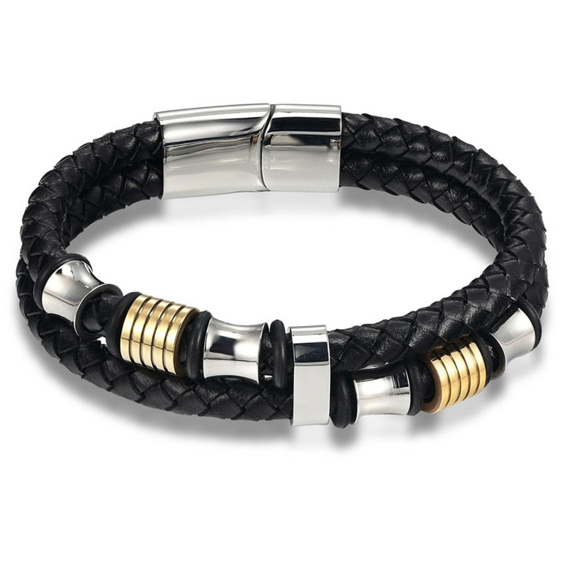 Steel Charm Leather Bracelet