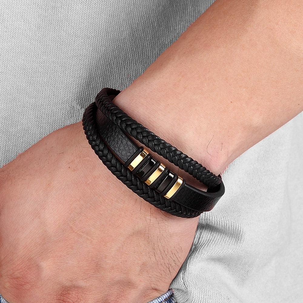 Steel Charm Leather Bracelet