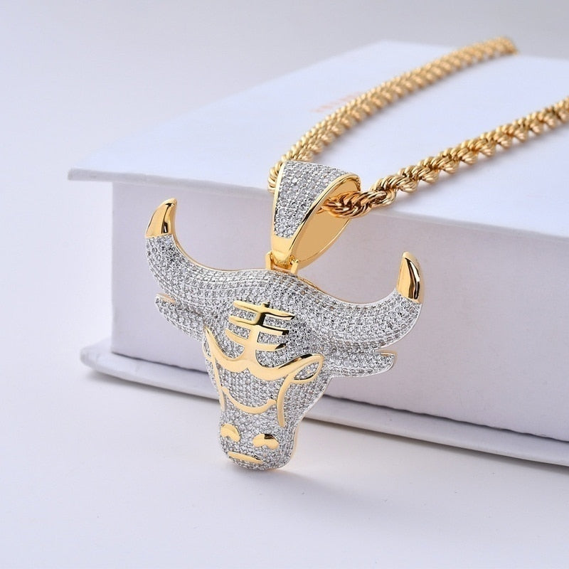 Hip Hop Zircon Ice Out Animal Bull Head Pendant Necklace