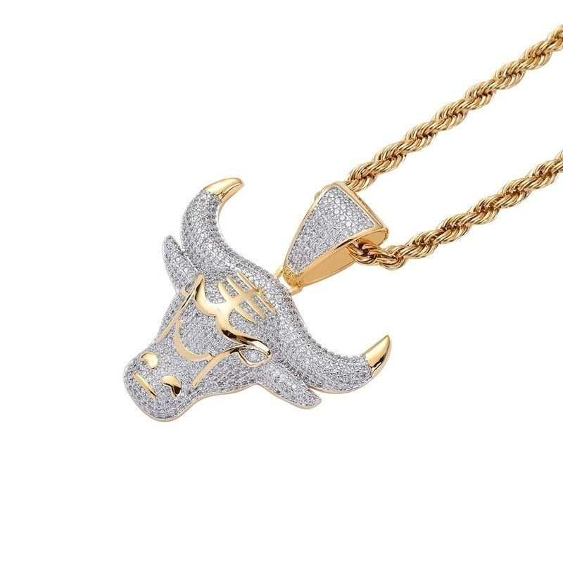 Hip Hop Zircon Ice Out Animal Bull Head Pendant Necklace