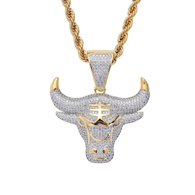 Hip Hop Zircon Ice Out Animal Bull Head Pendant Necklace