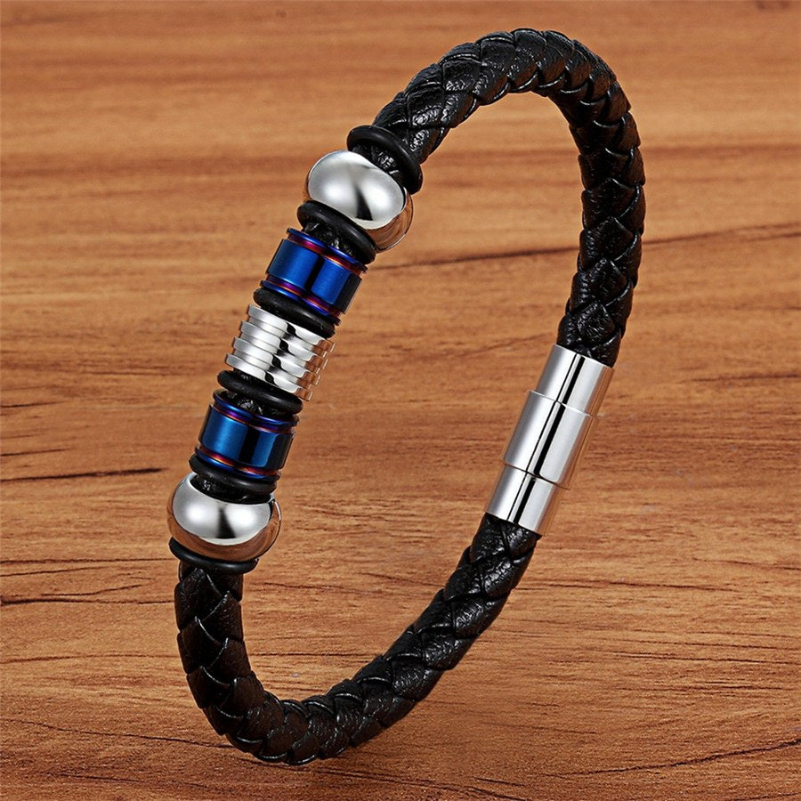 Steel Charm Leather Bracelet