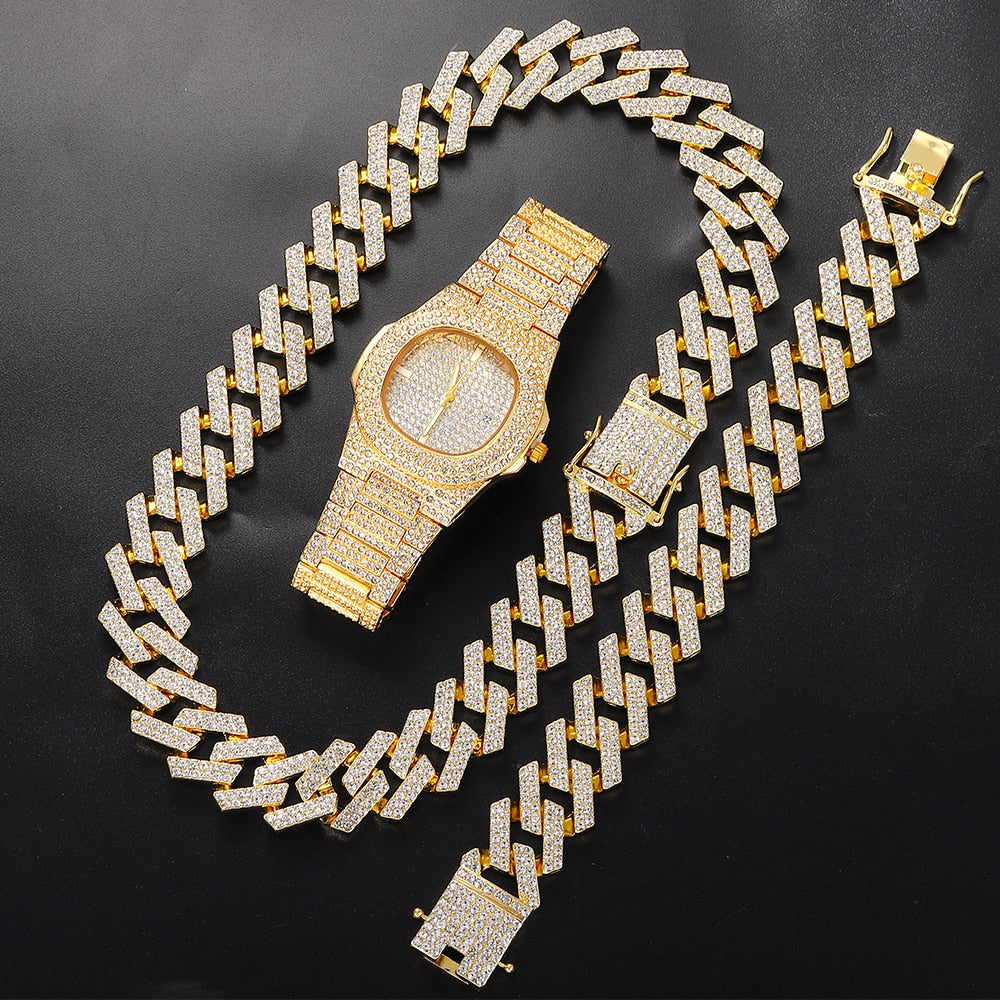 Mens Cuban Bracelet and Watch Set