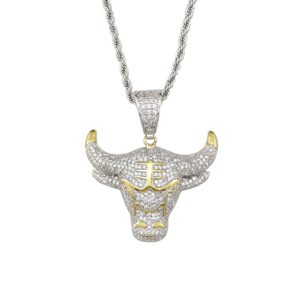 Hip Hop Zircon Ice Out Animal Bull Head Pendant Necklace