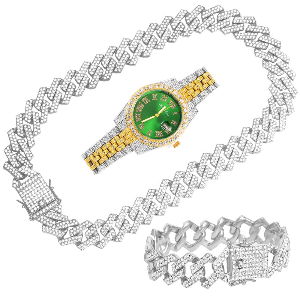 Mens Cuban Bracelet and Watch Set